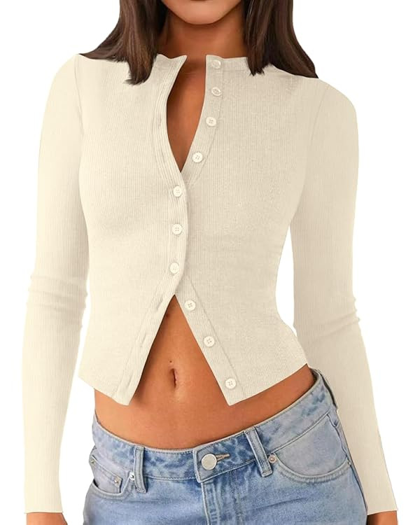 Womens Long Sleeve Tops Fall Lightweight Cardigan Cropped Going Out Shirts Ribbed Button Down Cut... | Amazon (US)