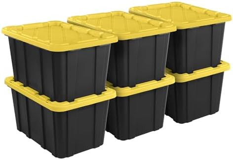 6-Pack 27-Gallon Industrial Totes - Rugged Black & Yellow Plastic Storage Bins with Secure Snap-O... | Amazon (US)
