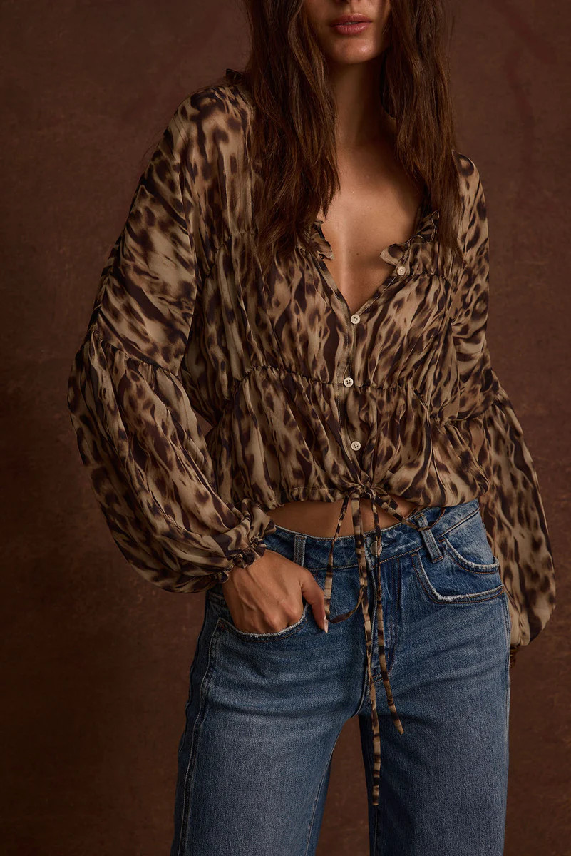 Alba Leopard Chiffon Long Sleeve Blouse | 12th Tribe