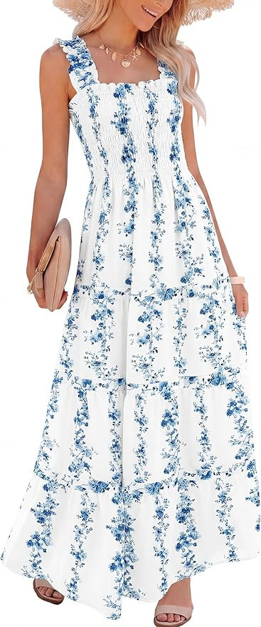 Caracilia Womens Summer Maxi Dresses Floral Smocked Sleeveless Ruffle Boho Casual Flowy Aline Bea... | Amazon (US)