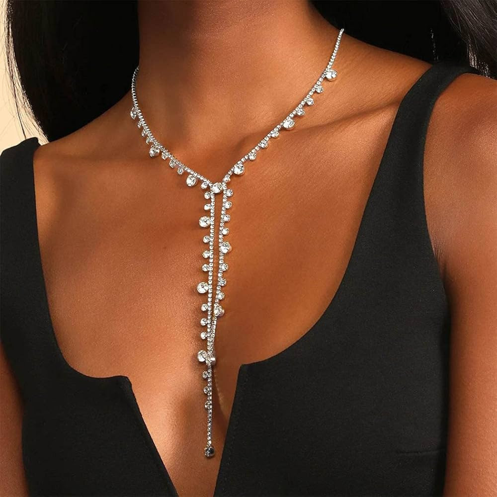 Nicute Rhinestone Y-Necklaces Crystal Long Choker Chain Party Choker Necklaces Jewelry for Women ... | Amazon (US)
