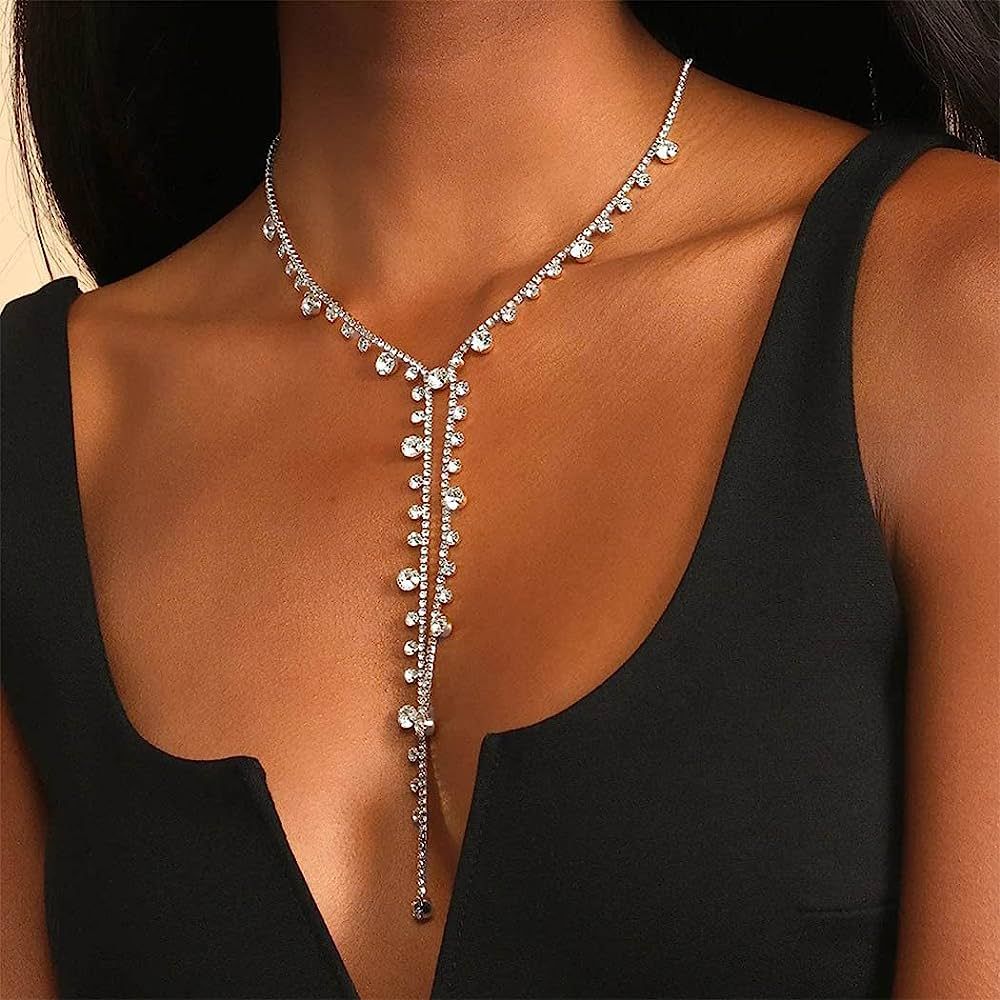Nicute Rhinestone Y-Necklaces Crystal Long Choker Chain Party Choker Necklaces Jewelry for Women ... | Amazon (US)
