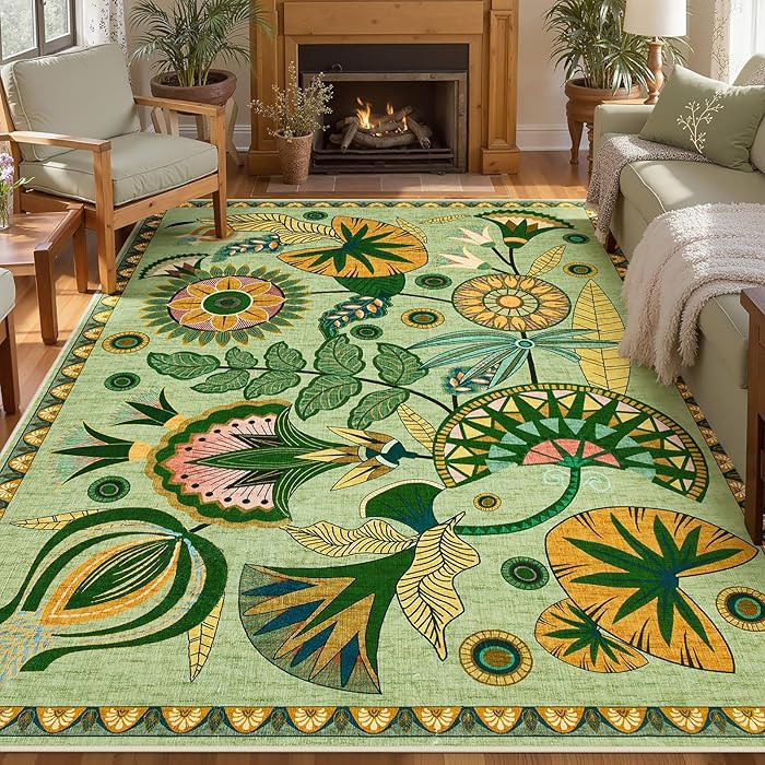 Joydeco Egypt Floral Area Rugs 9x12 Living Room, Large Sage Green Washable Carpet for Bedroom Pla... | Amazon (US)