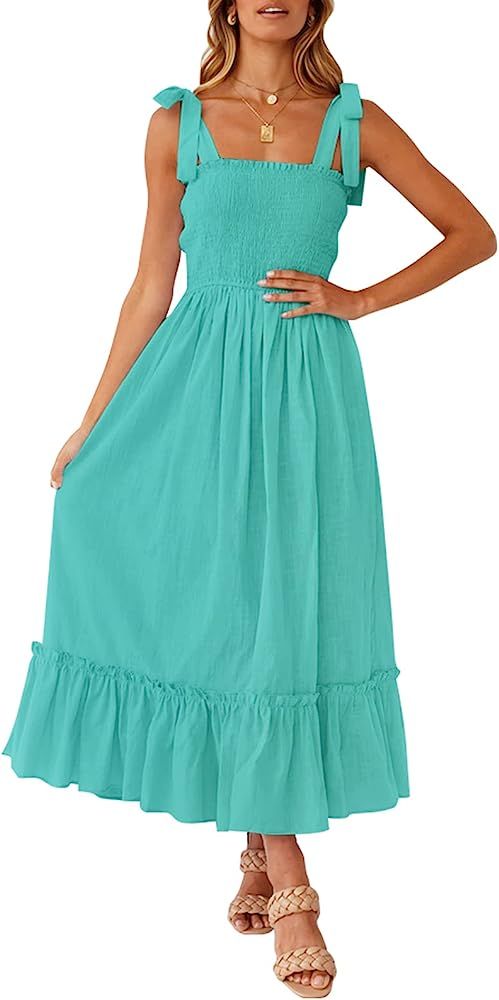 ZESICA Women's Summer Boho Spaghetti Strap Square Neck Solid Color Ruffle A Line Beach Long Maxi ... | Amazon (US)