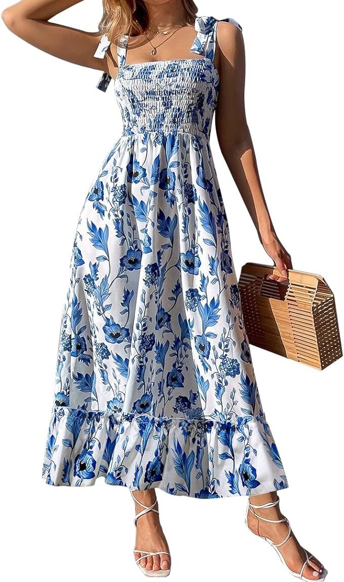 Summer Dresses 2023 Boho Maxi Ruffle Dresses Smocked Dress for Women | Amazon (US)