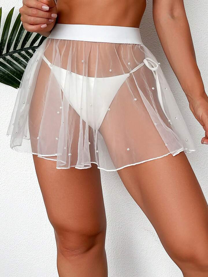 Pearls Beaded Sheer Mesh Overlay Cover Up Skirt Without Bikini | SHEIN