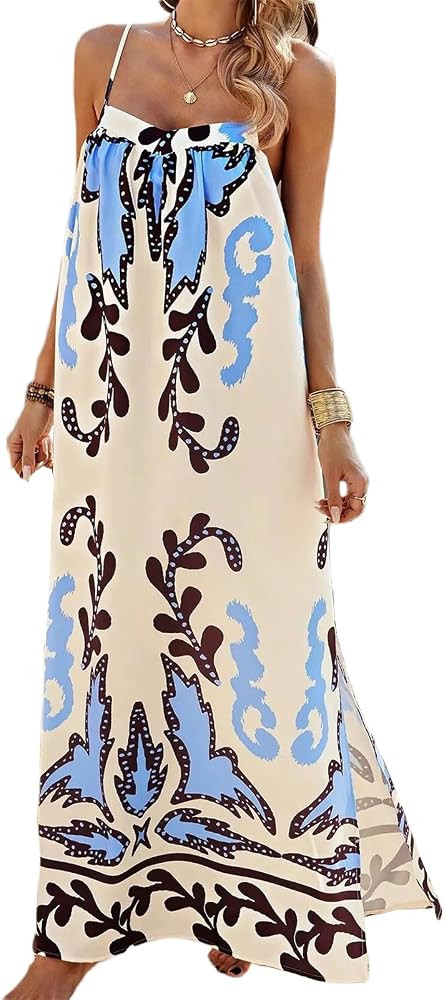 Women Graphic Maxi Cami Dress Spaghetti Strap Floral Boho Long Dress Graffiti Square Neck Flowy S... | Amazon (US)