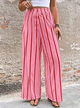 Acelitt Women Casual Drawstring Elastic Waist Striped Wide Leg Pants with Pockets, S-XXL | Amazon (US)