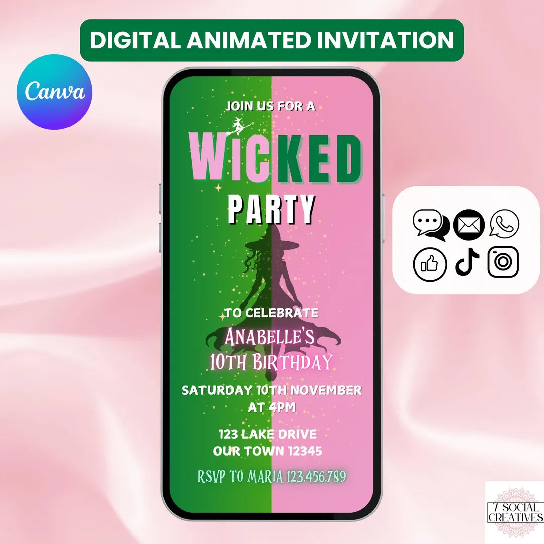 Wicked Birthday Party Invitation. Digital Animated Musical Wicked Theme Invite. Green Pink Galind... | Etsy (US)