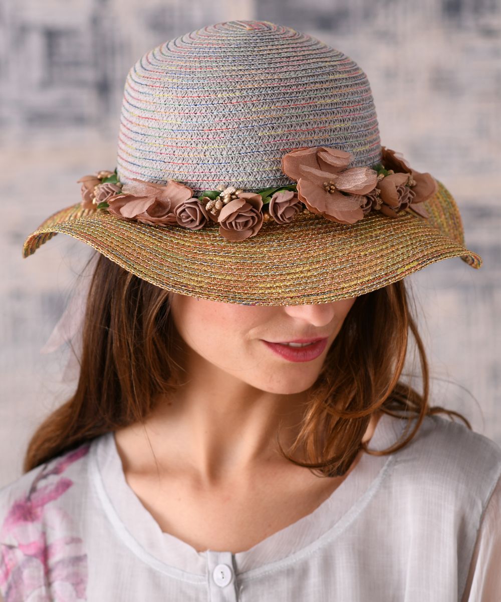 Gray & Tan Flower-Embellished Floppy Hat | zulily