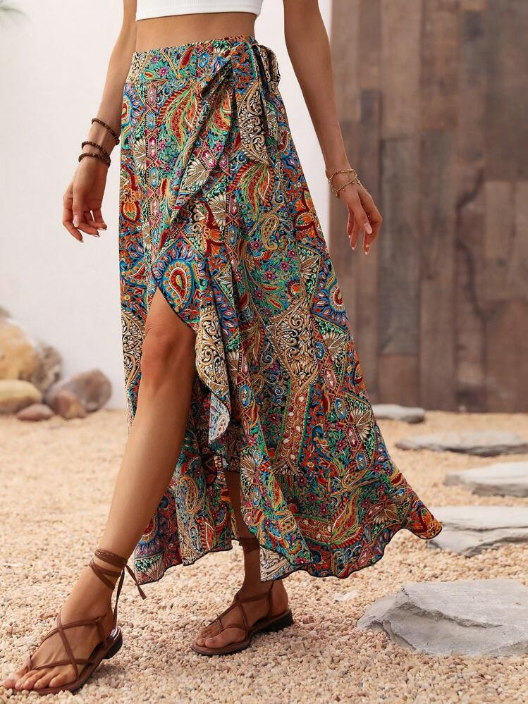 Wandoria Printed Random Knot & Side Wrapped Skirt Maxi Vacation Beach Outfits Women Fall Cloth Fo... | SHEIN
