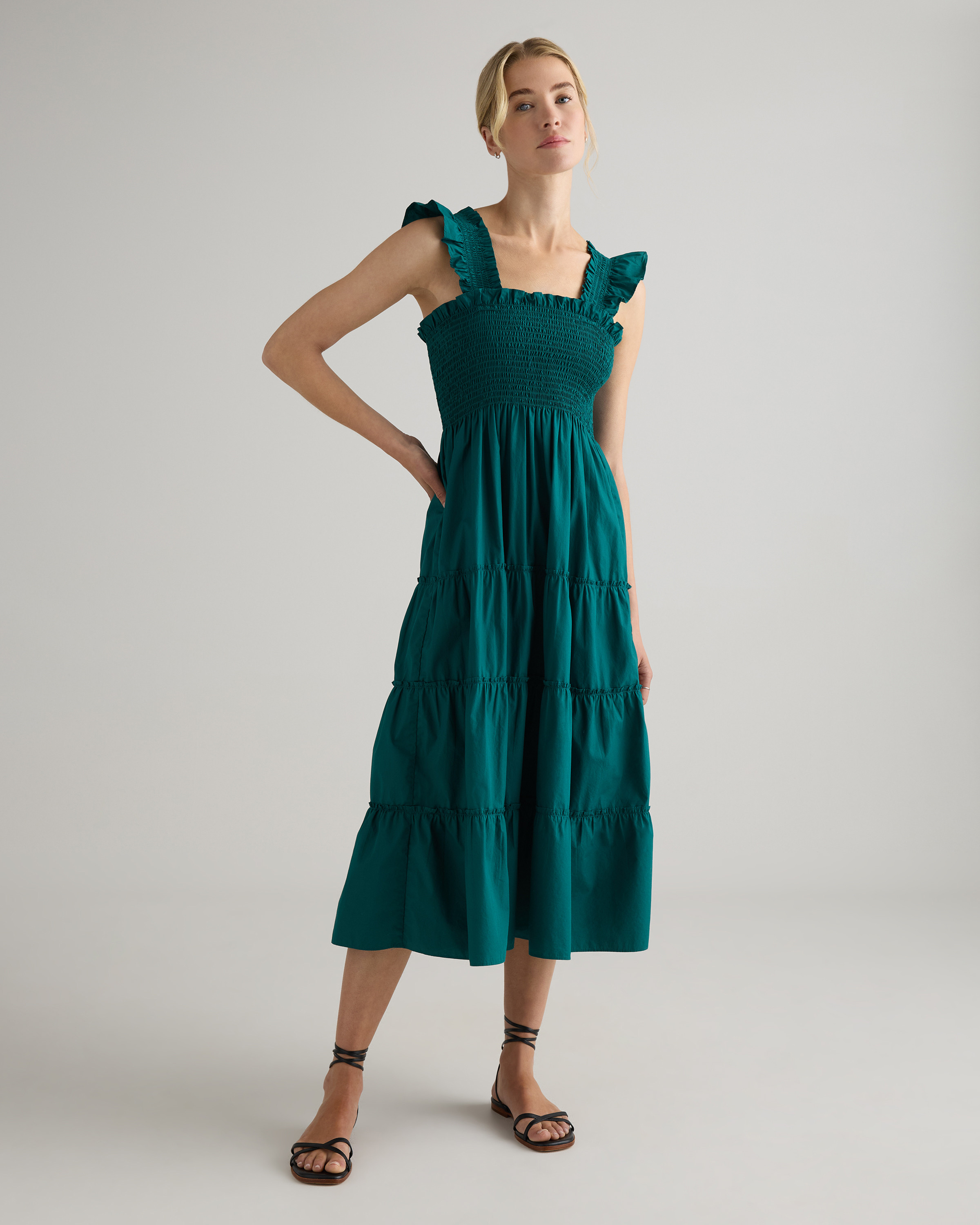 Quince | Women's Poplin Smocked Midi Dress in Navy, Size Large, Organic Cotton | Quince