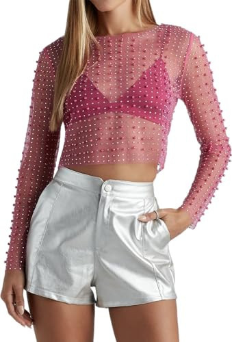 Women's Pearl Embellished Crop top Long Sleeve mesh Sheer Cover ups Shirt Overlay Beaded Tops for Women (Rose,L(US10),US,Alpha,Large,Regular,Regular) | Amazon (US)