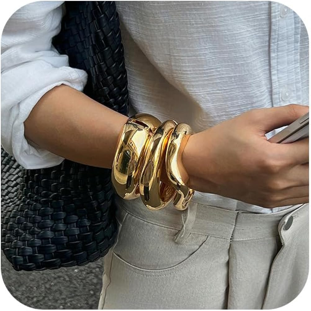 Salircon Gold Bangle Bracelets for Women Gold Wide Chunky Bracelets Trendy Hinged Cuff Open Chunk... | Amazon (US)