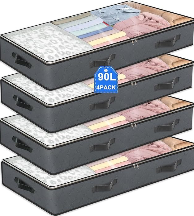 4 Pack Under Bed Storage, 90L Collapsible Closet Containers Organizers and Under Bed Storage Bins... | Amazon (US)