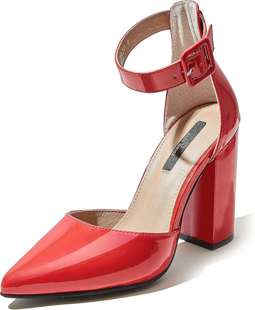DailyShoes Women's Fashion Pointed Toe Chunky Ankle Strap Buckle High Heels Shoes | Amazon (US)