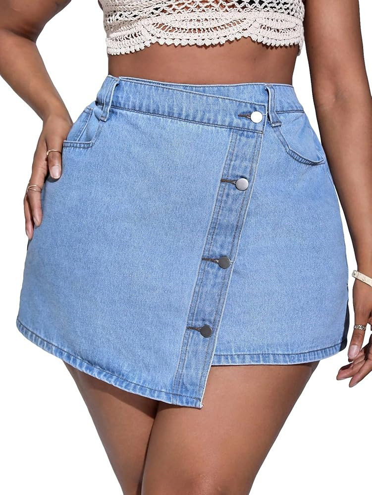 WDIRARA Women's Asymmetrical Hem Button Front High Waisted Mini Denim Jean Skirts with Pockets | Amazon (US)