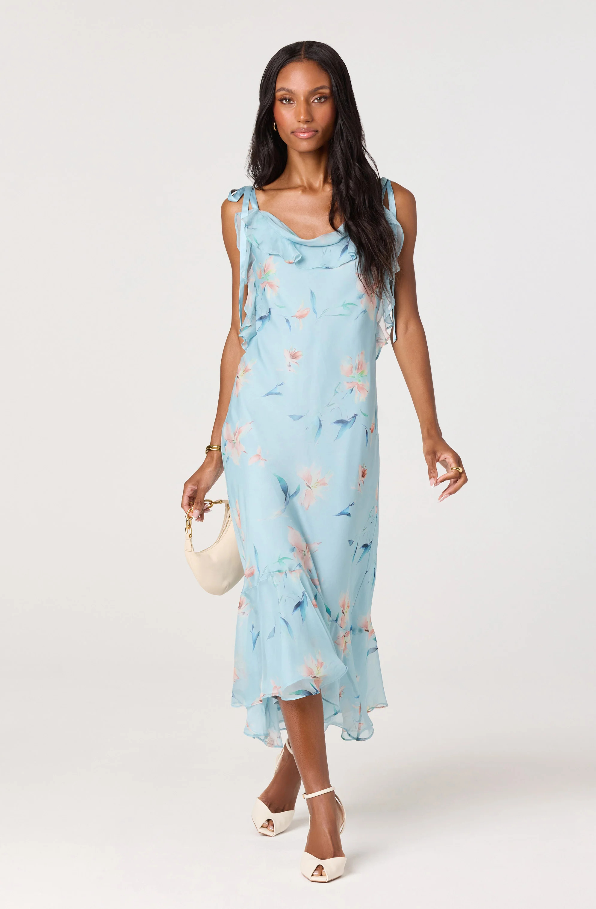 Nissa Floral Ruffle Midi Dress - Blue floral / XS | ASTR The Label (US)