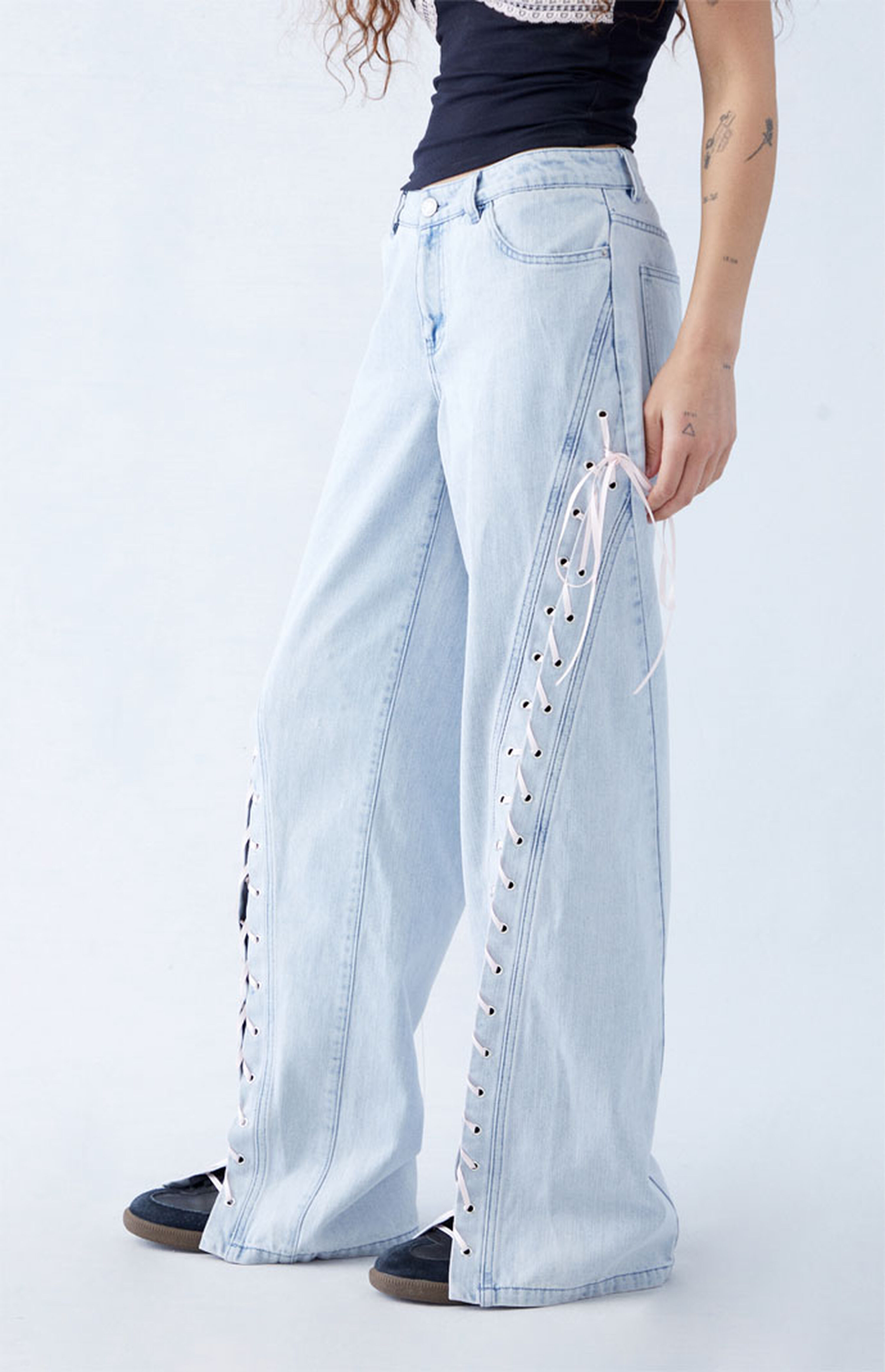 PacSun Light Indigo Ribbon Lace Up Low Rise Baggy Jeans | PacSun