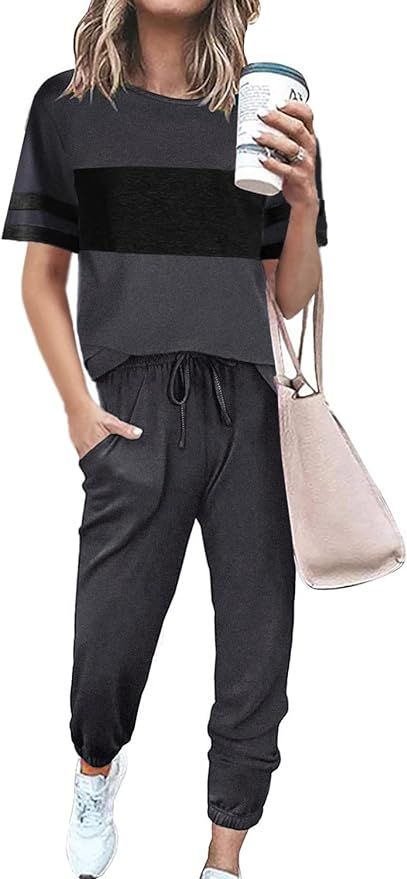 PRETTYGARDEN Women's 2 Piece Tracksuit Sets Casual Striped Crewneck Short Sleeve Tops Long Pants ... | Amazon (US)