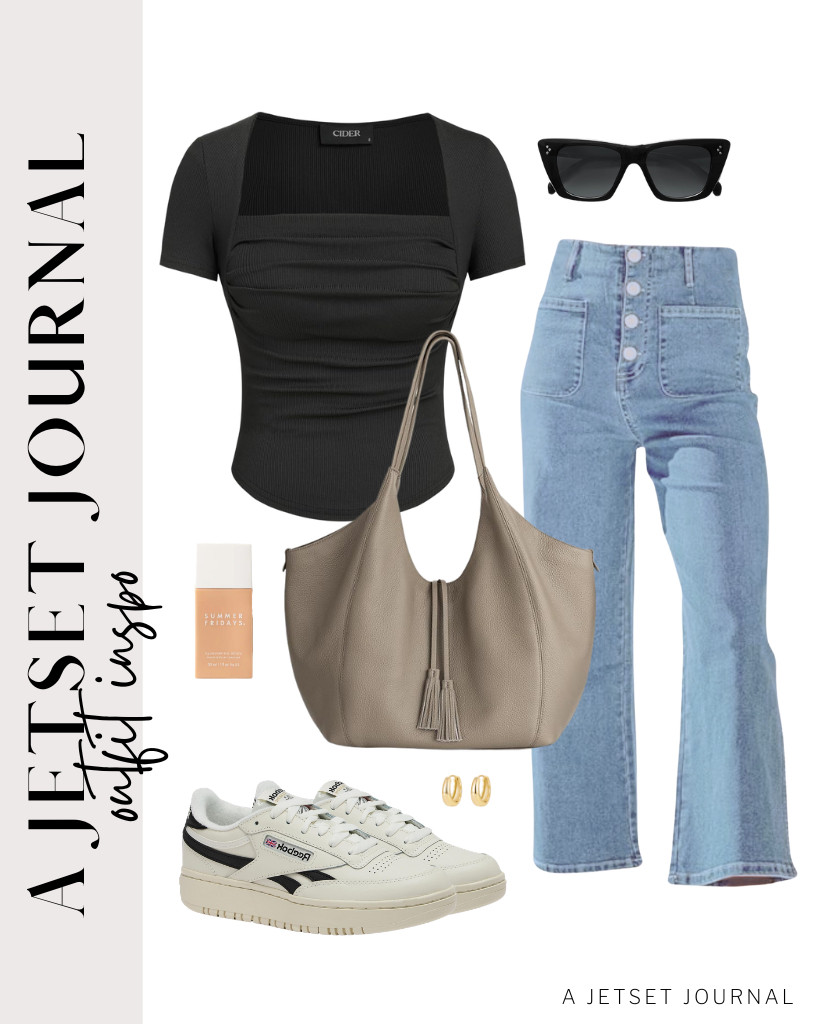This combo of a black CIDER square-neck top and Sidefeel wide-leg jeans is our last outfit to style. You can use this befen leather tote and Reebok platform tennis shoes for this look. You can wear these chunky hoop earrings and SOJOS cat-eye sunnies that complement this chic fit! 

 #LTKSeasonal #LTKSaleAlert #LTKTravel