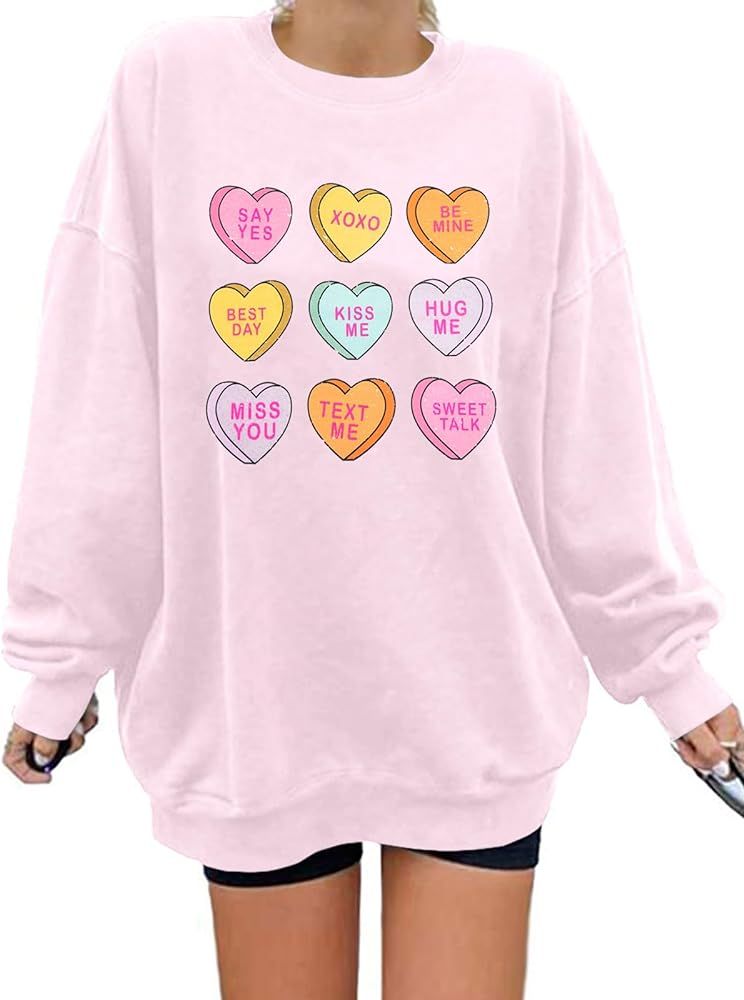 JINTING Valentine Sweatshirt Women Oversized Hearts Long Sleeve Shirt Conversation Heart Sweatshi... | Amazon (US)