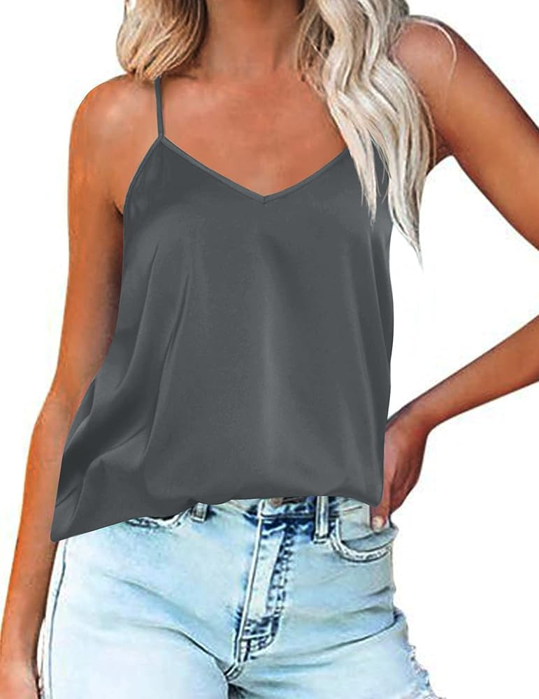 Ekouaer Womens Silk Satin Tank Tops V Neck Camisole Cami Spaghetti Strap Top Summer Basic Blouse | Amazon (US)