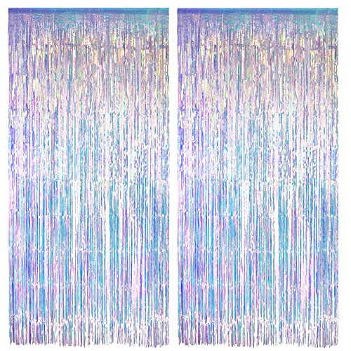 Iridescent Party Streamers Backdrop - GREATRIL Neon Transparent Holographic Tinsel Foil Fringe Curtain for Mermaid/Frozen/Sea/Euphoria/ERAS Party Theme Decorations 3.2ft x 6.5ft 2 PCS | Amazon (US)