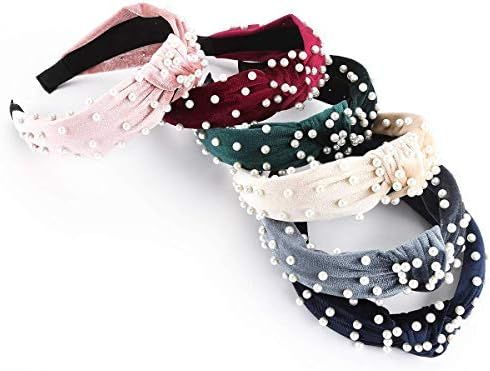 Makone Headbands with pearls for Women Wide Headband Knot Pearl Headbands Velvet Headband Vintage... | Amazon (US)
