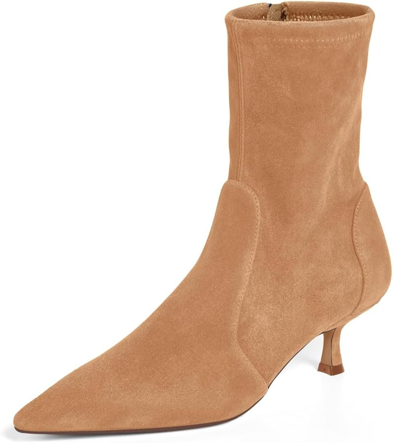 Coutgo Womens Low Kitten Heel Ankle Boots Pointed Toe Booties Side Zipper Fall Shoes | Amazon (US)