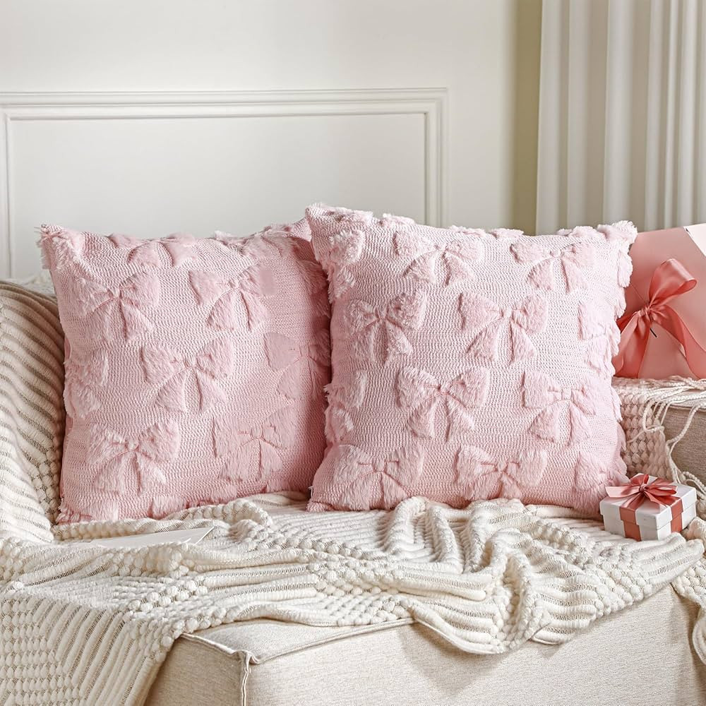 Mixweer Bow Pillow Covers Set of 2 Coquette Room Decor Cute Faux Fur Soft Coquette Bowknot Preppy... | Amazon (US)