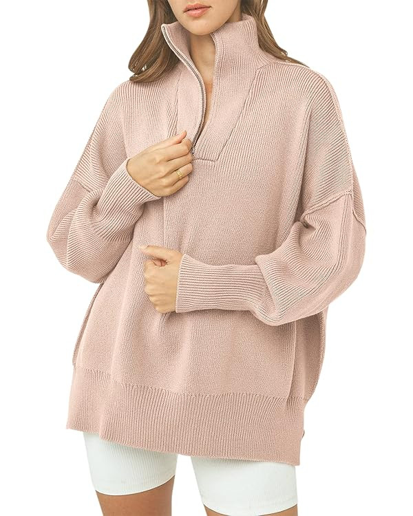 ANRABESS Women's Oversized Sweater 2023 Fall Long Sleeve Quarter Zipper Collar Drop Shoulder Slou... | Amazon (US)