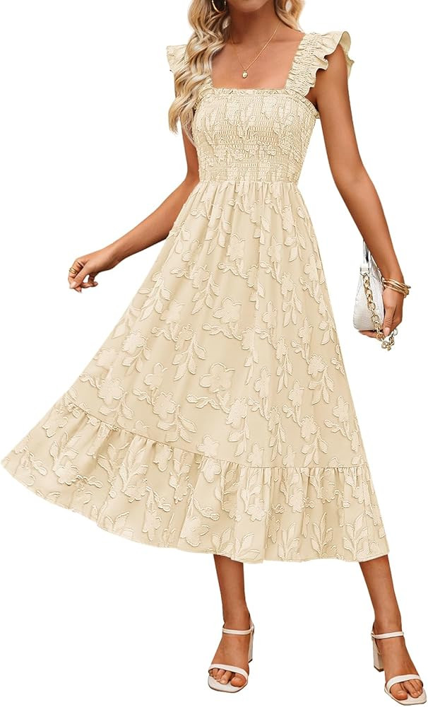 MEROKEETY Women's Summer Boho Floral Midi Dress 2026 Casual Sleeveless Square Neck Smocked Ruffle... | Amazon (US)