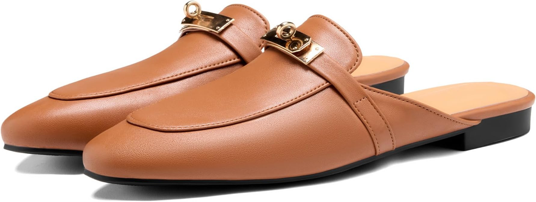 Design Mules for Women, Almond Toe Slip-On Flats, Backless Loafers with Matal Buckle, Comfort Cas... | Amazon (US)