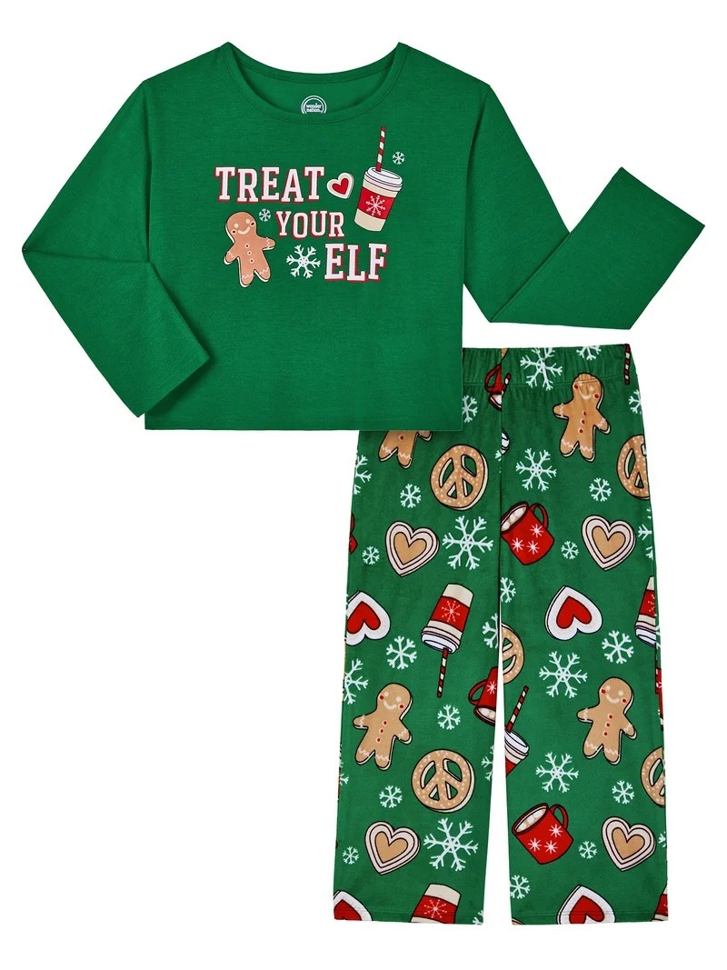 Wonder Nation Girls Long Sleeve Top and Wide Leg Pant Pajama Set, 2-Piece, Sizes 4-18 & Plus | Walmart (US)