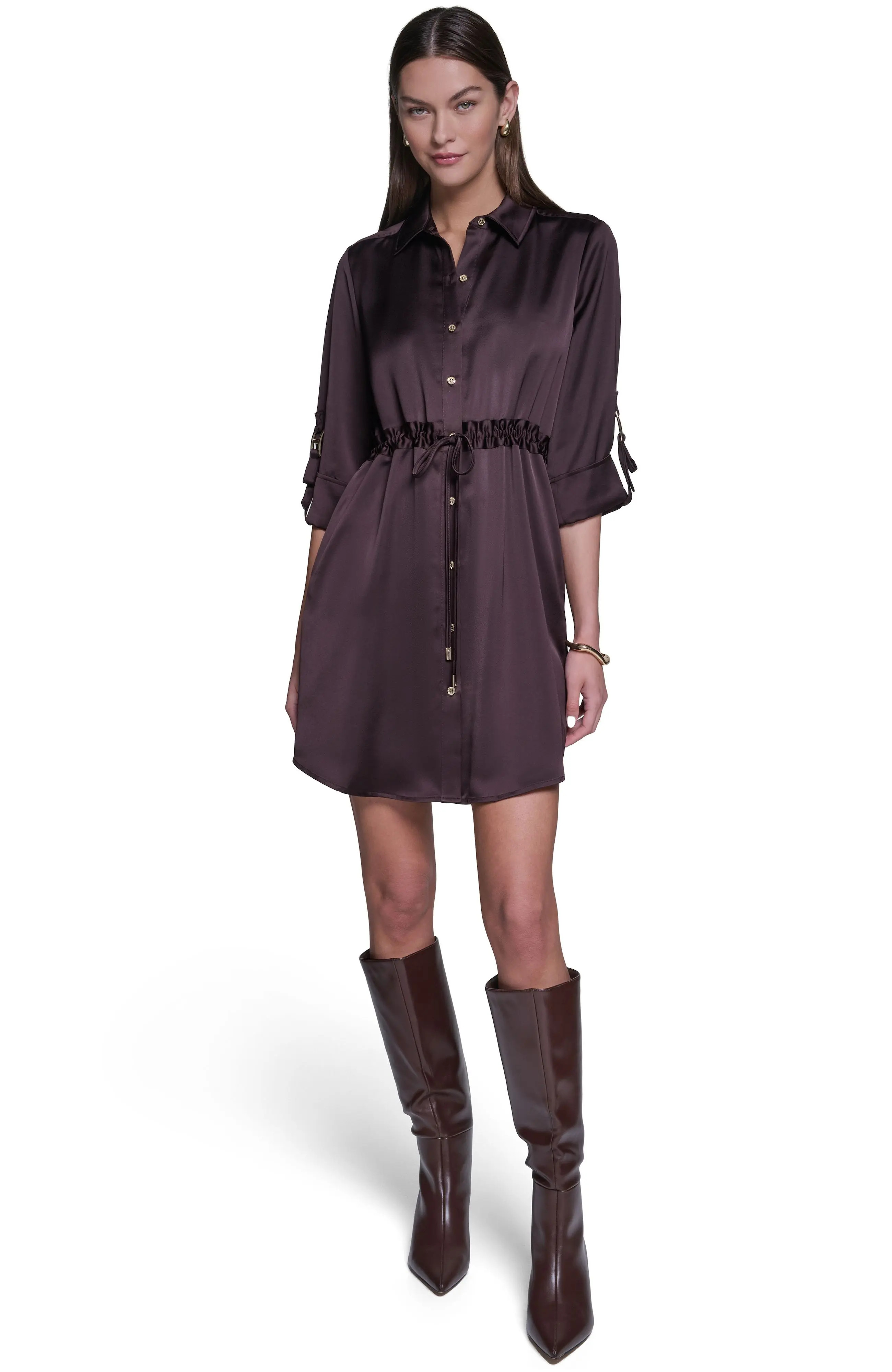 HALSTON 3/4 Sleeve Satin Shirt Dress (Women) | Nordstrom | Nordstrom