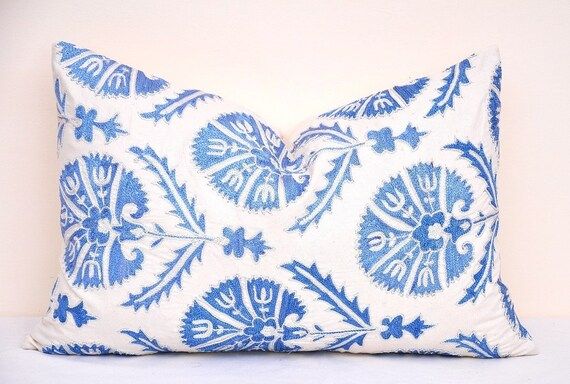 Roya blue suzani embroidery pillow, Suzani cushion, handmade pillow cover, Embroidery suzani pillow, | Etsy (US)