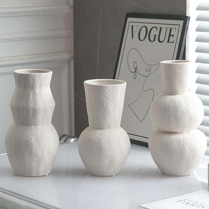 Ceramic Vases for Flowers, Matte White Ribbed Vase Set of 3, Decorative Vases for Pampas Grass, M... | Amazon (US)