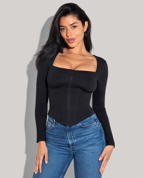 Corsety Square Neck Long Sleeve Top - Black | TA3