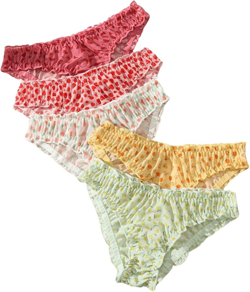 SHENHE Women's 5 Pack Cute Briefs Frilly Lettuce Trim Mid Rise Mesh Panty Sets Underwear | Amazon (US)