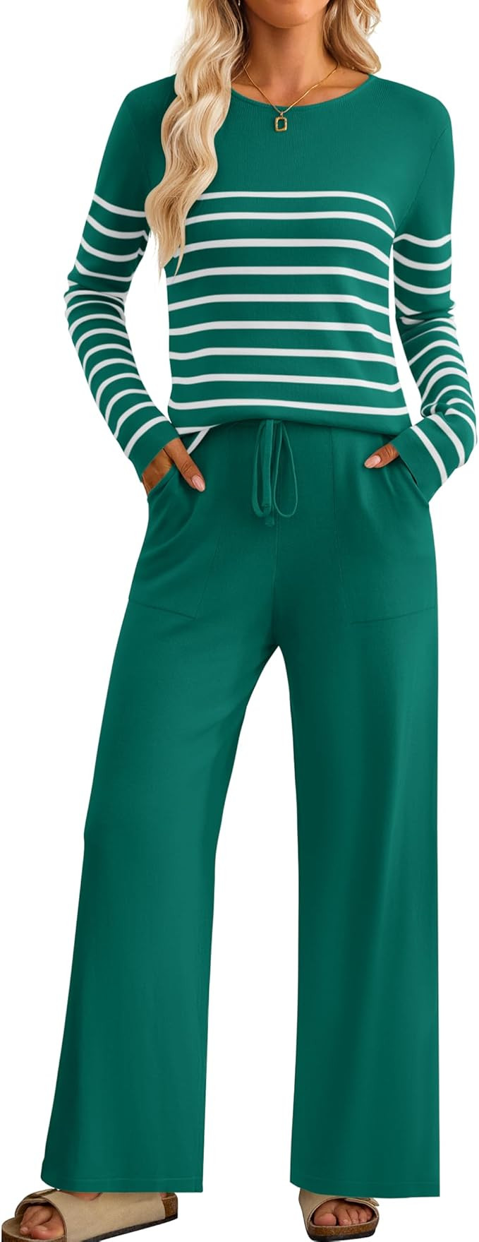 ZESICA Women's 2 Piece Lounge Sets 2025 Fall Long Sleeve Striped Knit Fitted Tops Wide Leg Pants ... | Amazon (US)