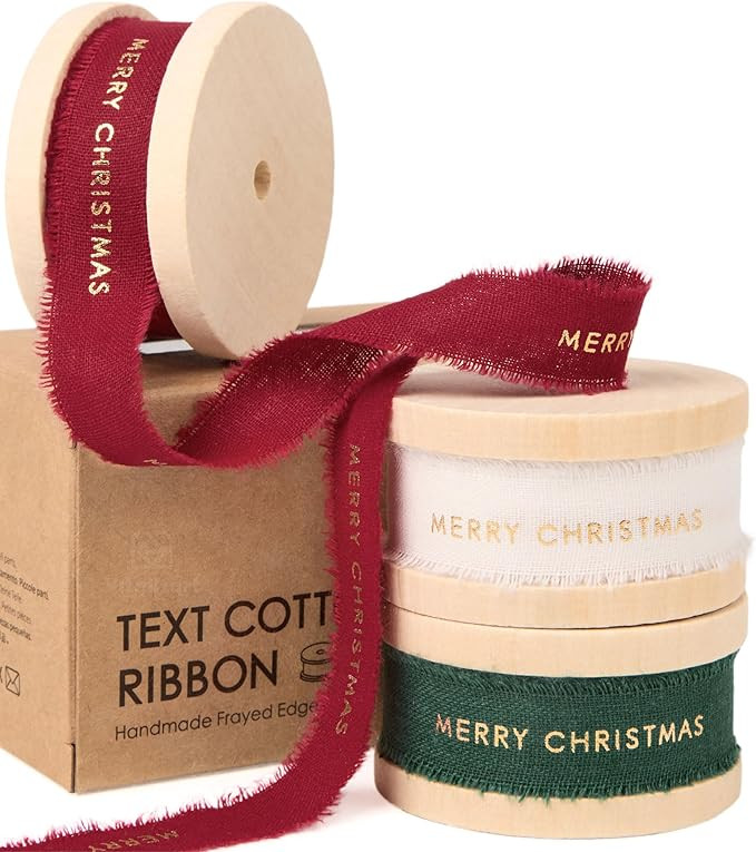 Vitalizart Merry Christmas Ribbon 5/8 Inch Natural Cotton Handmade Frayed Fringe Ribbons 15 Yd fo... | Amazon (US)