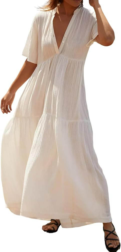 R.Vivimos Womens Summer Cotton Flowy Maxi Dress Short Sleeve V Neck Empire Waist Boho Tiered Ruff... | Amazon (US)