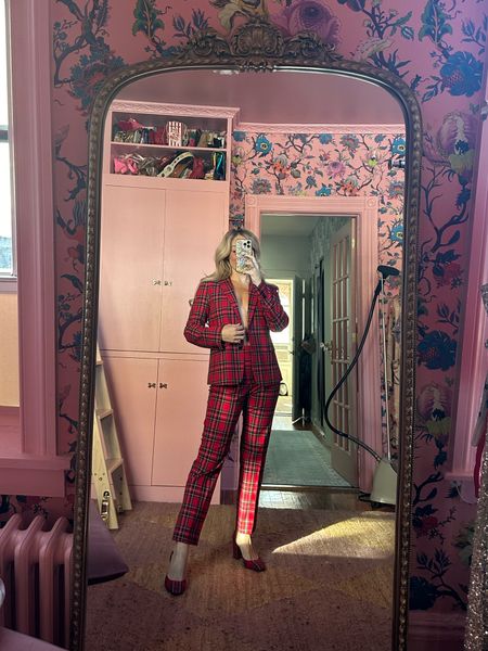 Jcrew factory red plaid suit for Christmas holiday parties wearing size 6 on top and bottom runs true to size with stretch 

#LTKGiftGuide #LTKfindsunder100 #LTKHoliday