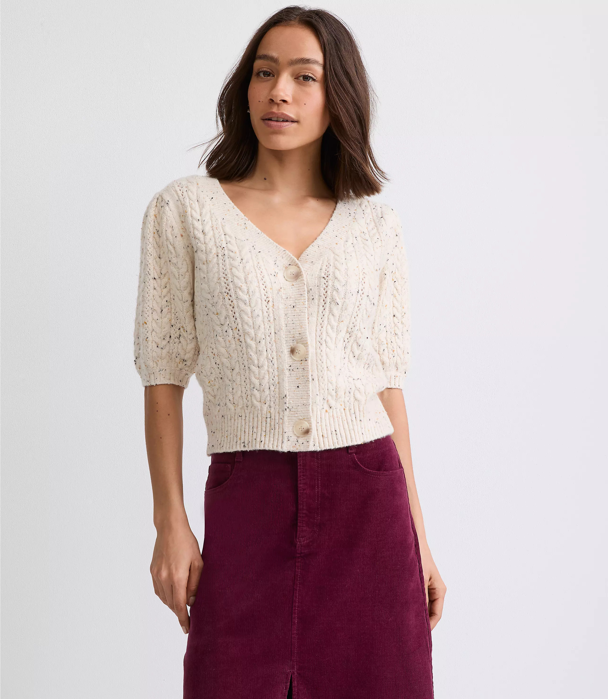 Flecked Stitchy Puff Sleeve Cardigan | LOFT