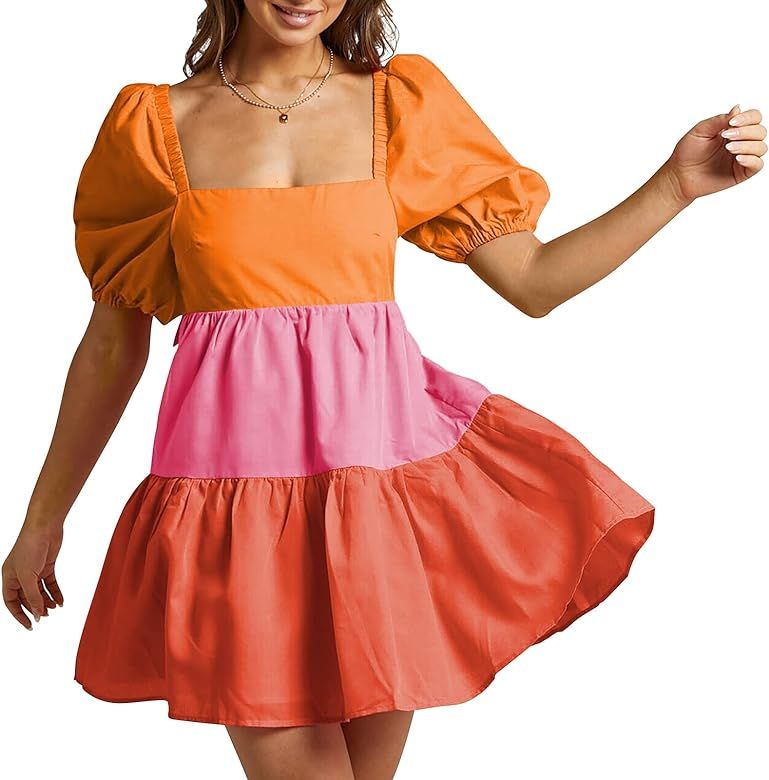 Shy Velvet Women's Casual Party Mini Dress Square Neck Short Bubble Sleeve A-line Loose Summer Dress | Amazon (US)
