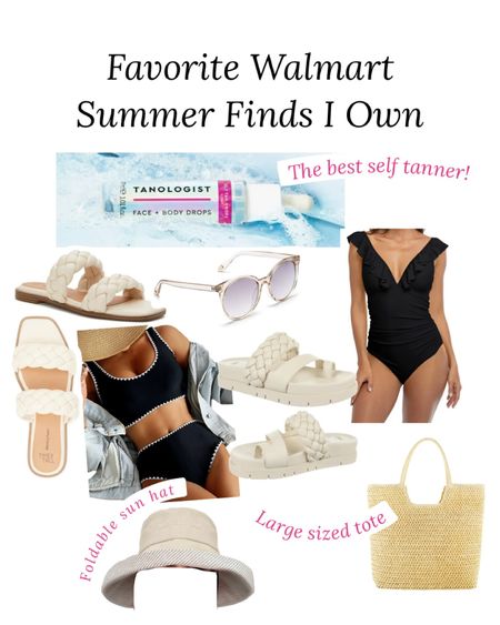 Walmart fashion I own and love, use and wear! Self tanner tanning. Bikini. One piece. Comfortable sandals. Beach outfit. Summer accessories. Sunglasses 

#LTKfamily #LTKshoecrush #LTKunder50