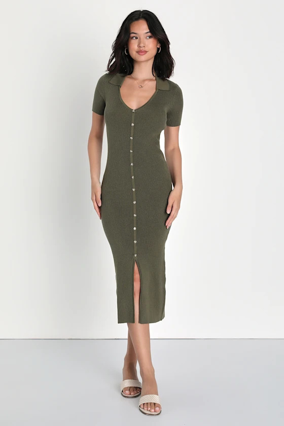 Excellent Energy Olive Green Ribbed Knit Collared Midi Dress | Lulus (US)