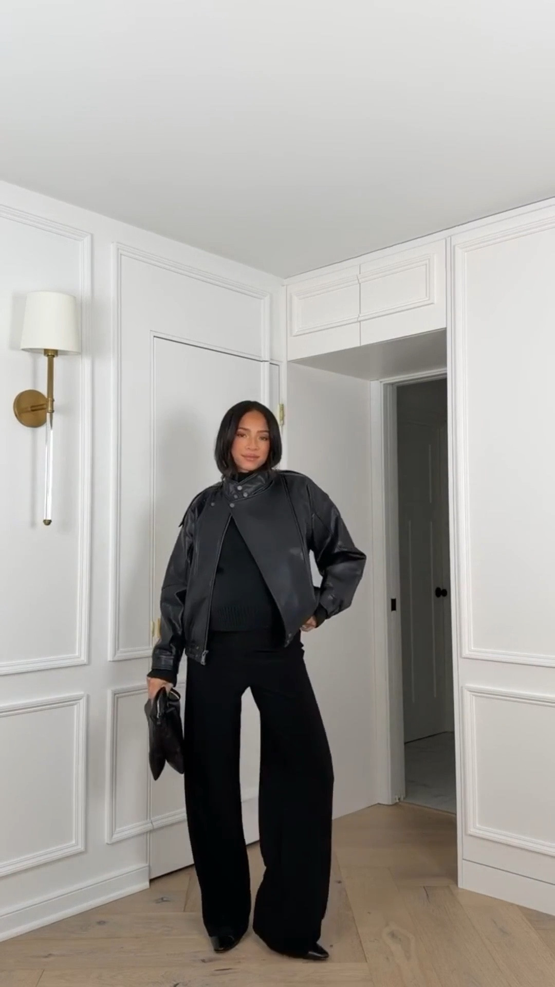 Date night outfit 🖤 This faux leather jacket looks expensive but it’s under $150!! Wearing size M sweater, size S leather jacket and size M wide leg pants (they look like a trouser but feel like pajamas!) 

Date night outfit 
Dinner outfit 
Winter outfit 
Winter fashion
Faux leather jacket 

#LTKSeasonal #LTKBump #LTKFindsUnder100