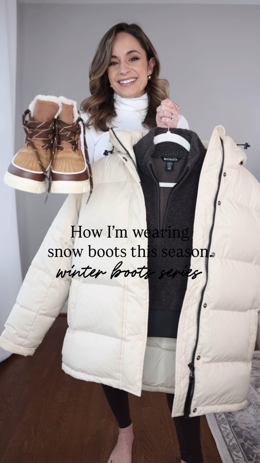 Winter Boots Series: how I’m wearing snow boots this season! 

Coat (Quince): xs in oatmilk 
Turtleneck (Quince): xs 
Fleece Sweatshirt (Athleta): xxs 
Leggings (Spanx): xs (also linking a thick/warm pair from Athleta) 
Socks (Amazon): (mine are cream, they came in a pack with a black pair) 
Boots (Sorel): tts with room to wear thick socks. Walkable and comfortable, waterproof and warm. 

(Snow outfits, winter outfits, snow boots, leggings, petite fashion) 

#LTKPetite #LTKActive